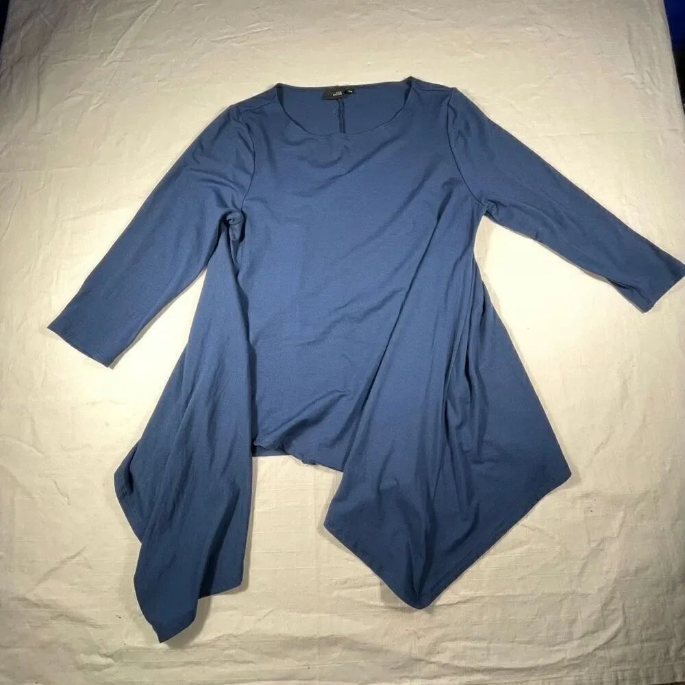 Lisa Bayne Blue Asymmetrical Swing Long Sleeve Blouse Top Medium